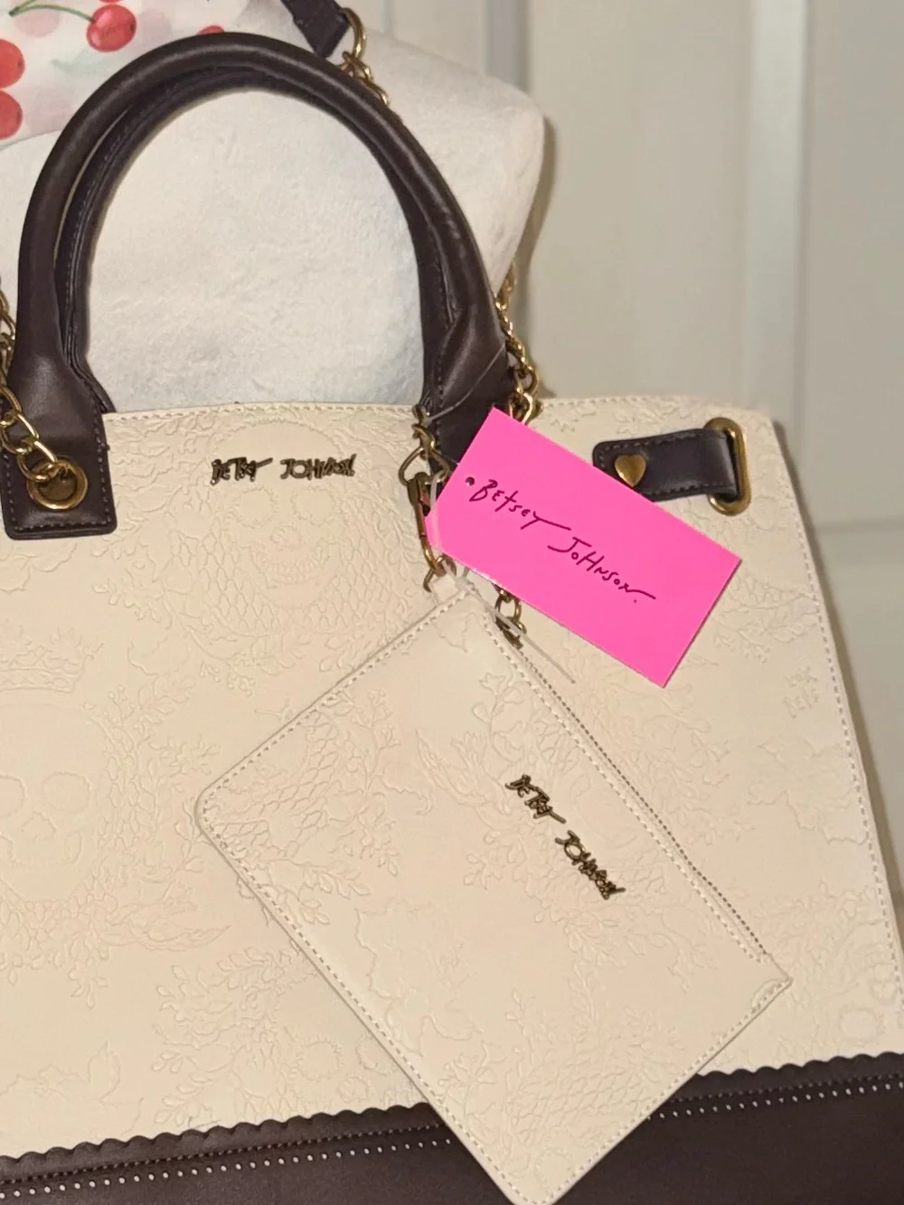 NWT Betsey Johnson Xokiara Skull Embossed Satchel Tote Cream Multi